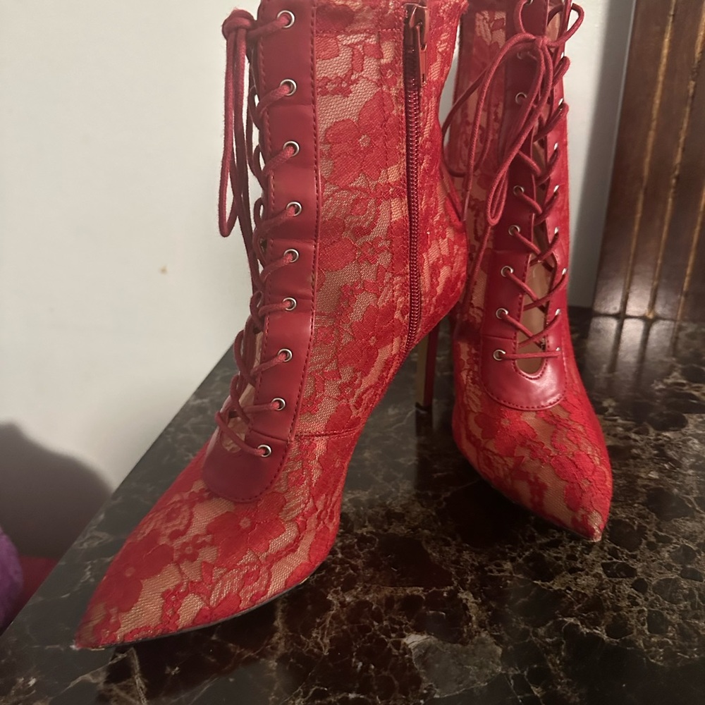 INC Womens Red Floral Breathable Lace Arch Stiletto Zip-Up Dress Booties 8M - Picture 3 of 5